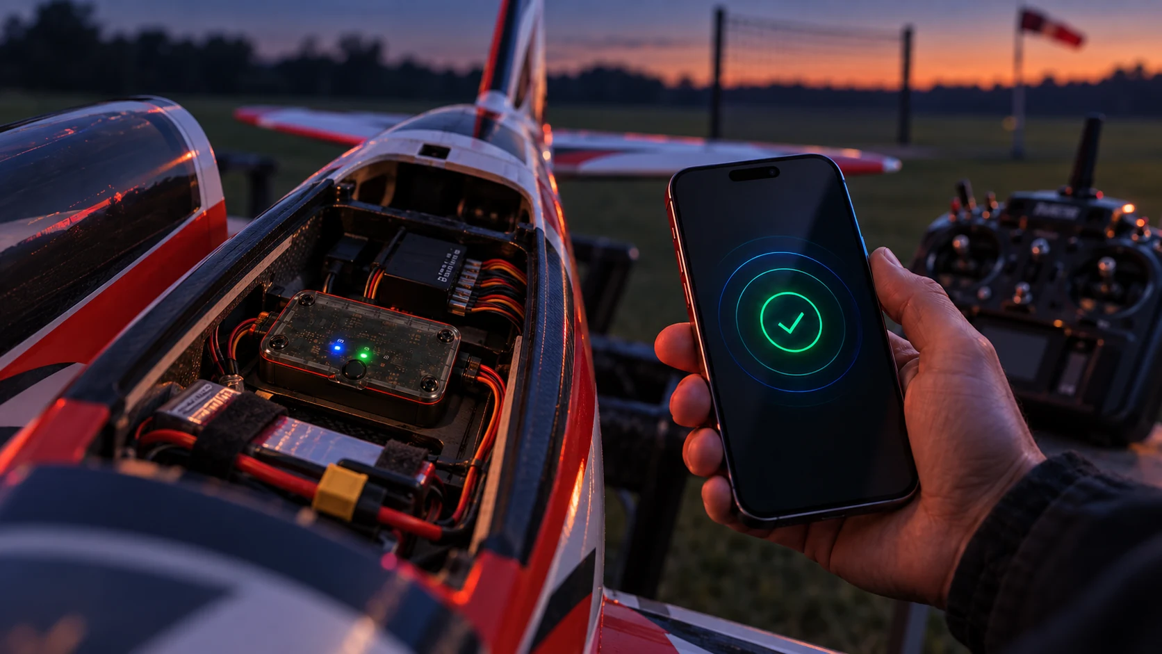 Concept illustration of Pulse One installed in an RC aircraft, connecting to a phone at the flying field